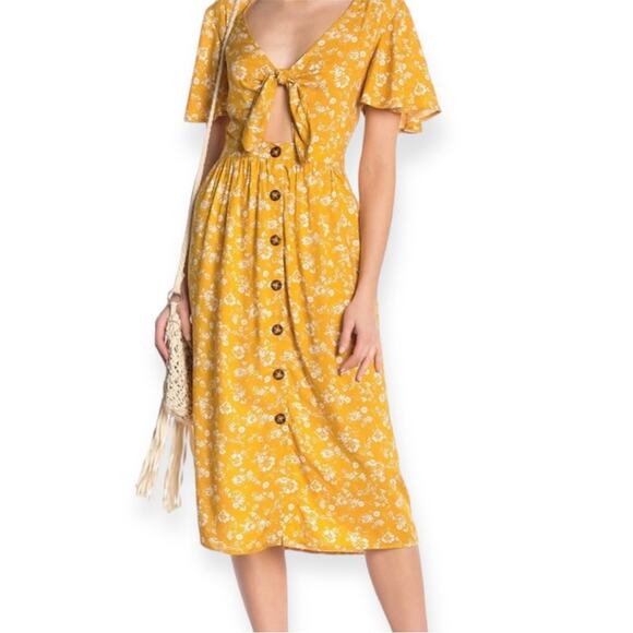 Mimi Chica Yellow Floral Tie Front Button Midi Dress Bell Sleeve Boho Sz Medium - Picture 1 of 8